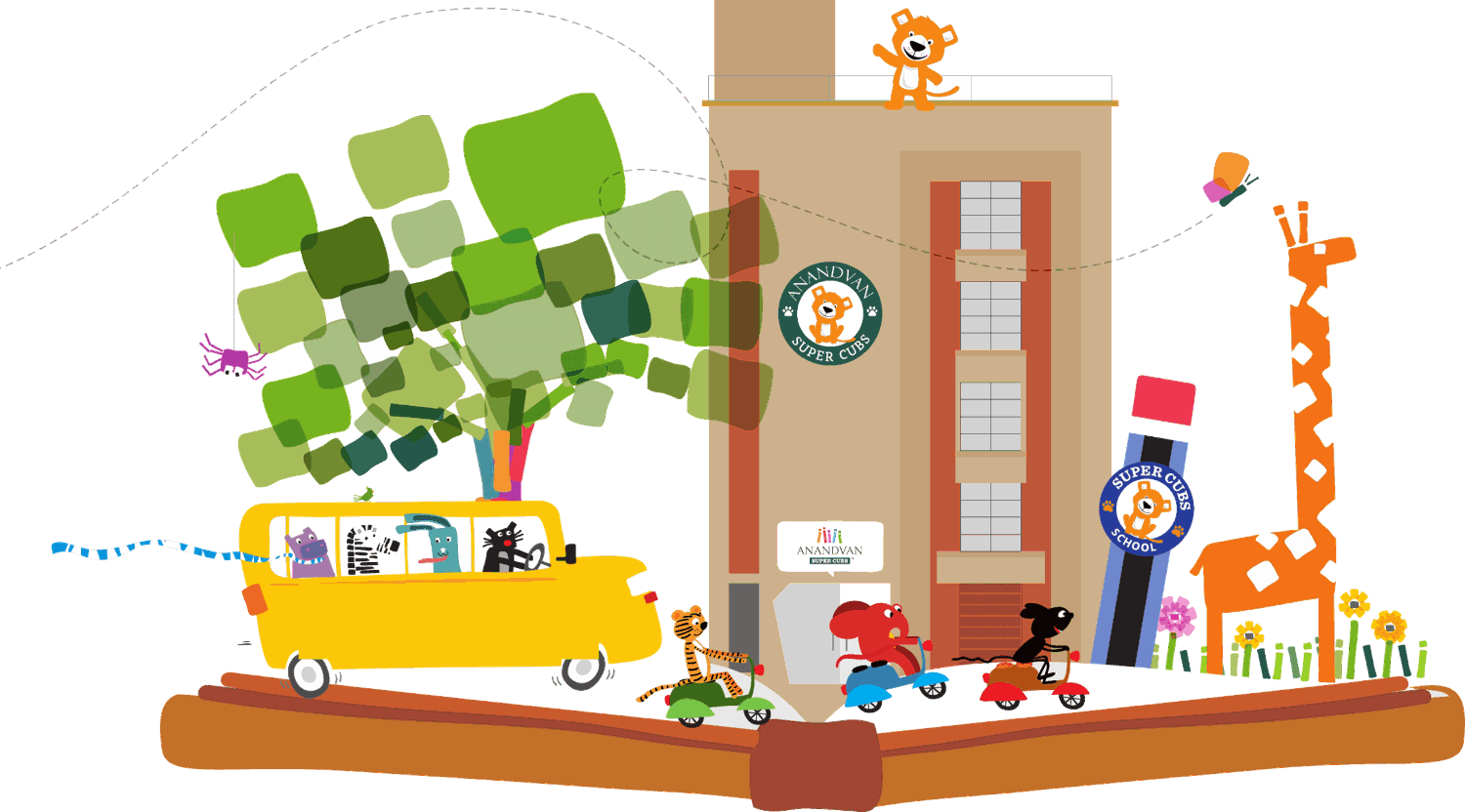 Leo waves from the roof of the SuperCubs building while the school bus and his friends arrive