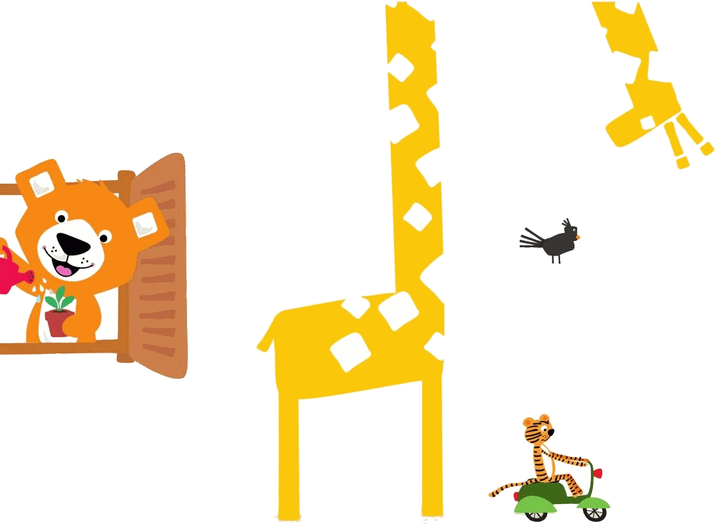 Leo at a classroom window, a giraffe and a bird outside